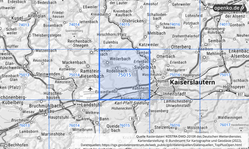 Übersichtskarte KOSTRA-DWD-2010R Rasterfeld Nr. 75015 mit angrenzenden Feldern