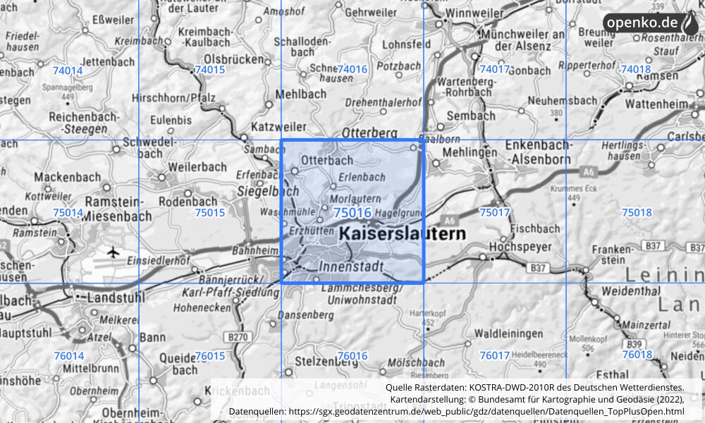 Übersichtskarte KOSTRA-DWD-2010R Rasterfeld Nr. 75016 mit angrenzenden Feldern