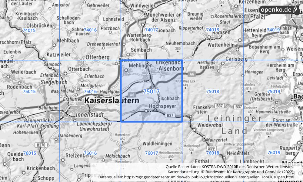 Übersichtskarte KOSTRA-DWD-2010R Rasterfeld Nr. 75017 mit angrenzenden Feldern