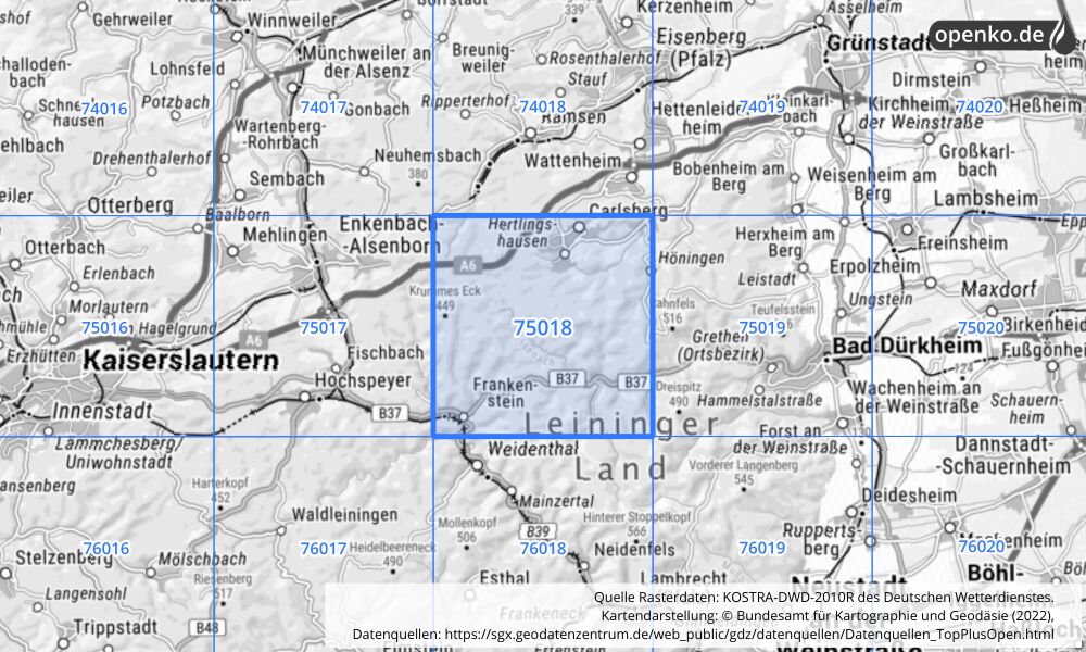 Übersichtskarte KOSTRA-DWD-2010R Rasterfeld Nr. 75018 mit angrenzenden Feldern