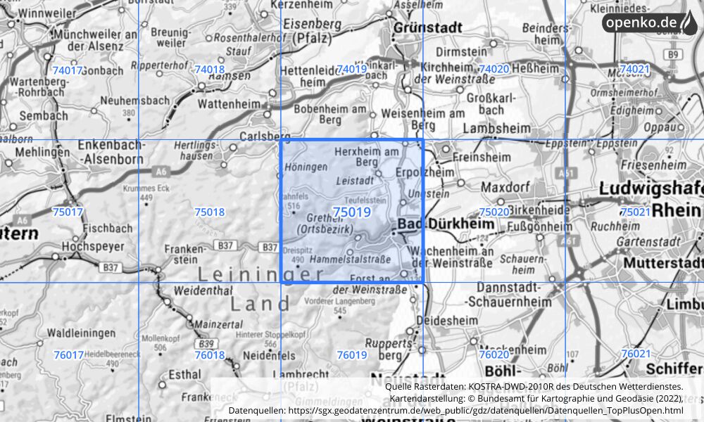 Übersichtskarte KOSTRA-DWD-2010R Rasterfeld Nr. 75019 mit angrenzenden Feldern