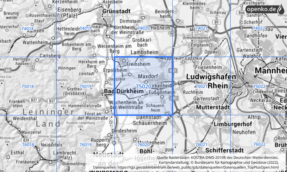 Übersichtskarte KOSTRA-DWD-2010R Rasterfeld Nr. 75020 mit angrenzenden Feldern