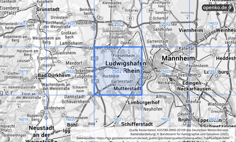 Übersichtskarte KOSTRA-DWD-2010R Rasterfeld Nr. 75021 mit angrenzenden Feldern