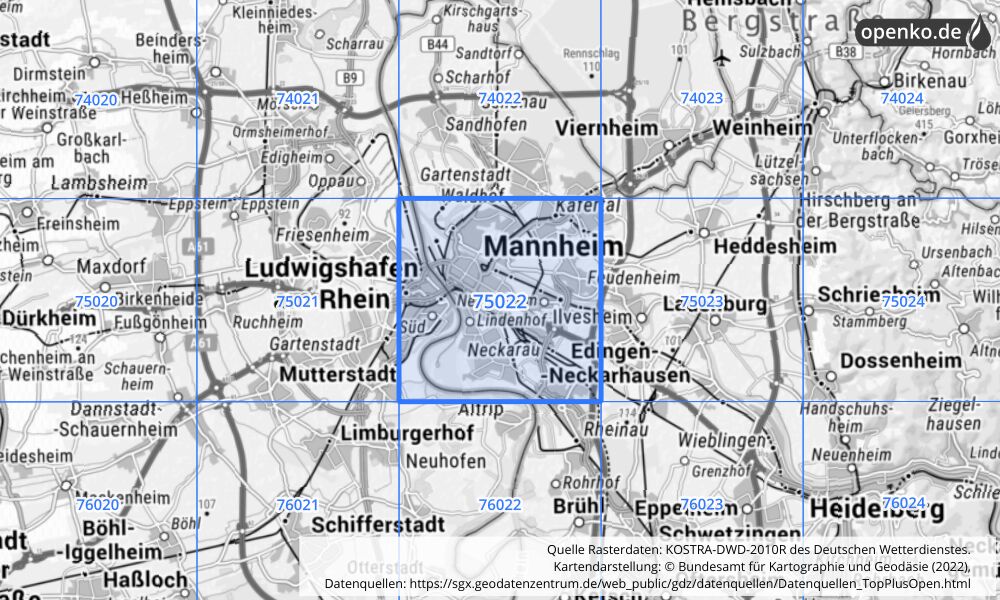 Übersichtskarte KOSTRA-DWD-2010R Rasterfeld Nr. 75022 mit angrenzenden Feldern