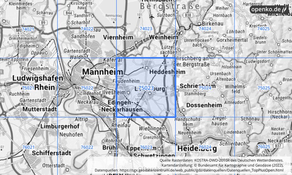 Übersichtskarte KOSTRA-DWD-2010R Rasterfeld Nr. 75023 mit angrenzenden Feldern