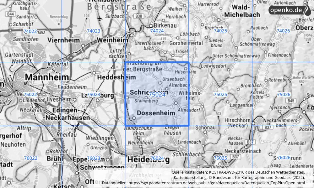 Übersichtskarte KOSTRA-DWD-2010R Rasterfeld Nr. 75024 mit angrenzenden Feldern