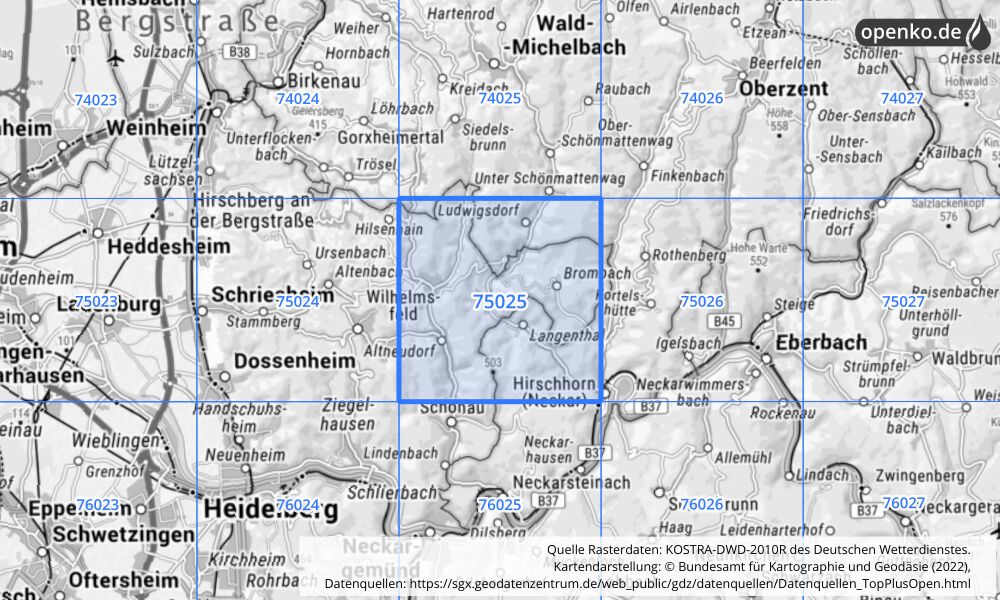 Übersichtskarte KOSTRA-DWD-2010R Rasterfeld Nr. 75025 mit angrenzenden Feldern