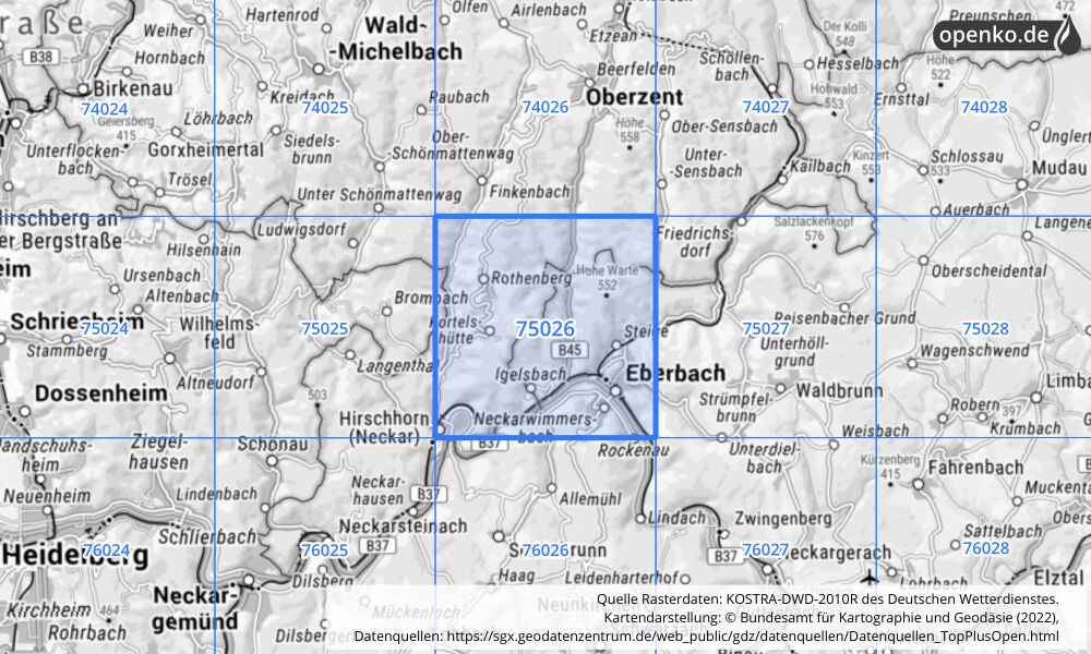 Übersichtskarte KOSTRA-DWD-2010R Rasterfeld Nr. 75026 mit angrenzenden Feldern