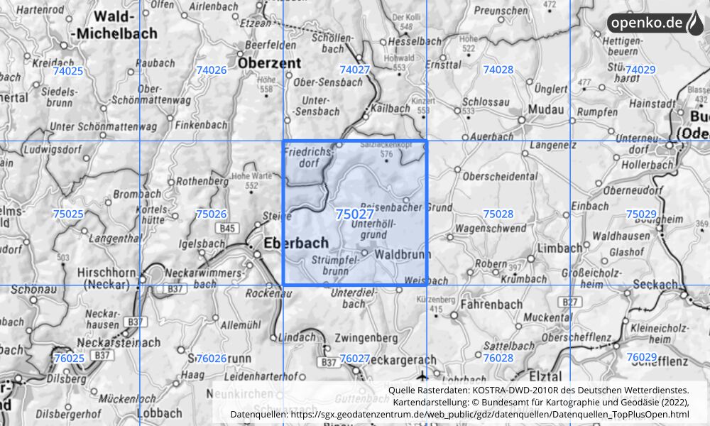 Übersichtskarte KOSTRA-DWD-2010R Rasterfeld Nr. 75027 mit angrenzenden Feldern
