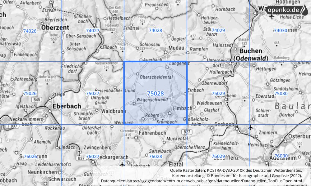 Übersichtskarte KOSTRA-DWD-2010R Rasterfeld Nr. 75028 mit angrenzenden Feldern