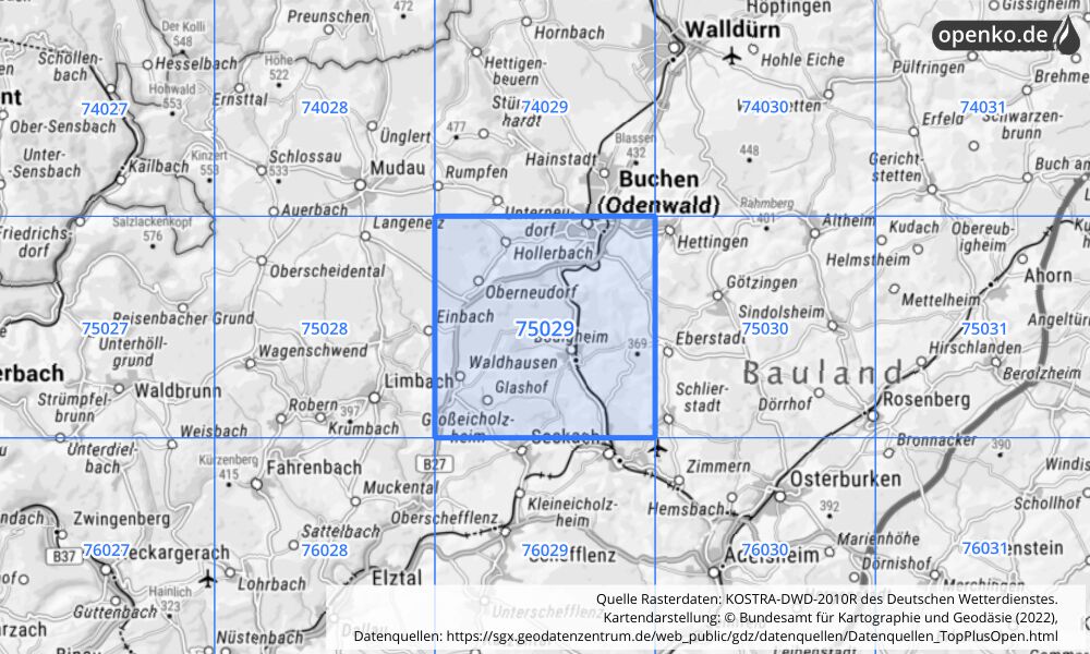 Übersichtskarte KOSTRA-DWD-2010R Rasterfeld Nr. 75029 mit angrenzenden Feldern