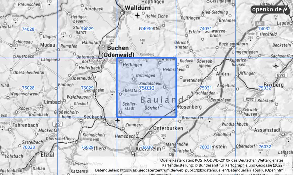 Übersichtskarte KOSTRA-DWD-2010R Rasterfeld Nr. 75030 mit angrenzenden Feldern