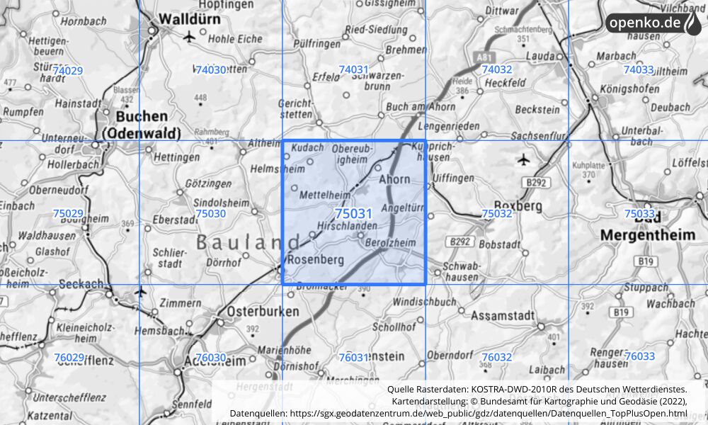 Übersichtskarte KOSTRA-DWD-2010R Rasterfeld Nr. 75031 mit angrenzenden Feldern