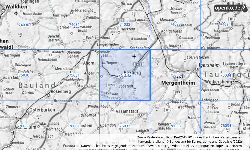 Übersichtskarte KOSTRA-DWD-2010R Rasterfeld Nr. 75032 mit angrenzenden Feldern