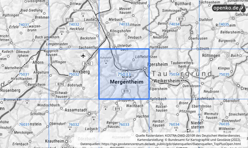 Übersichtskarte KOSTRA-DWD-2010R Rasterfeld Nr. 75033 mit angrenzenden Feldern