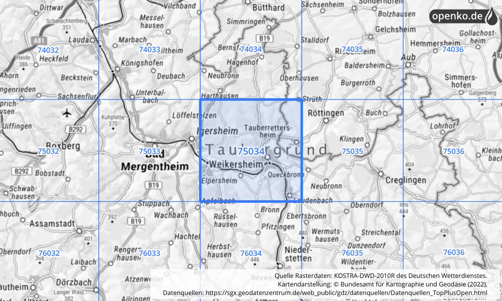 Übersichtskarte KOSTRA-DWD-2010R Rasterfeld Nr. 75034 mit angrenzenden Feldern