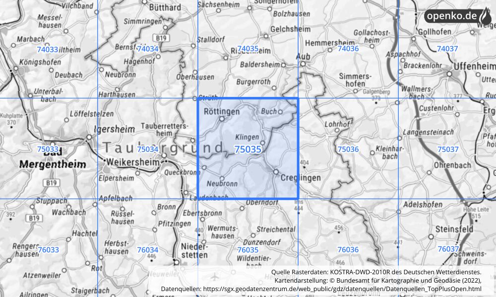 Übersichtskarte KOSTRA-DWD-2010R Rasterfeld Nr. 75035 mit angrenzenden Feldern