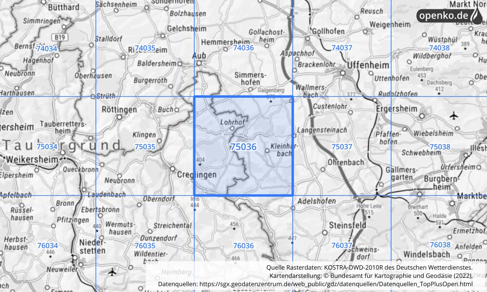 Übersichtskarte KOSTRA-DWD-2010R Rasterfeld Nr. 75036 mit angrenzenden Feldern