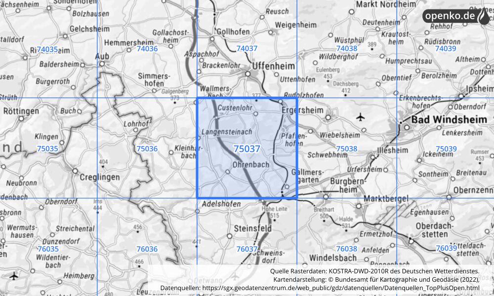 Übersichtskarte KOSTRA-DWD-2010R Rasterfeld Nr. 75037 mit angrenzenden Feldern