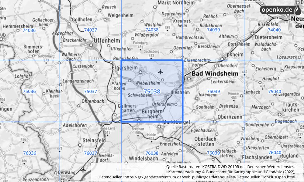 Übersichtskarte KOSTRA-DWD-2010R Rasterfeld Nr. 75038 mit angrenzenden Feldern