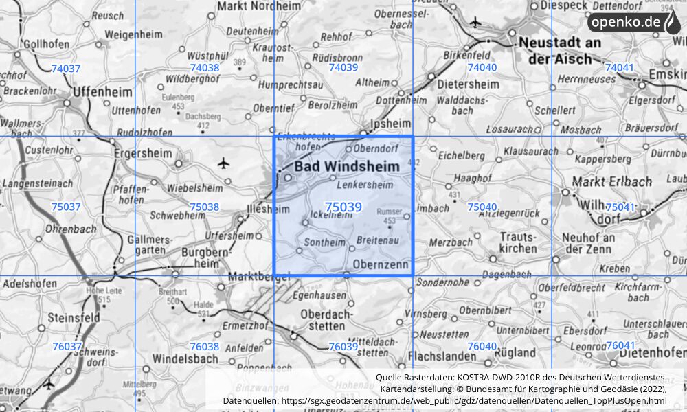 Übersichtskarte KOSTRA-DWD-2010R Rasterfeld Nr. 75039 mit angrenzenden Feldern