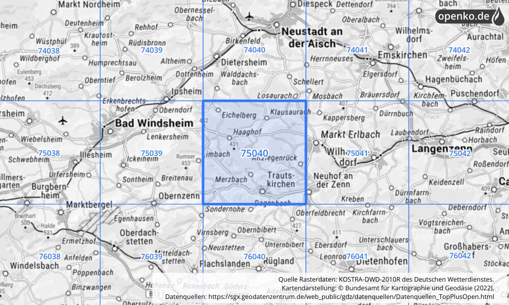 Übersichtskarte KOSTRA-DWD-2010R Rasterfeld Nr. 75040 mit angrenzenden Feldern