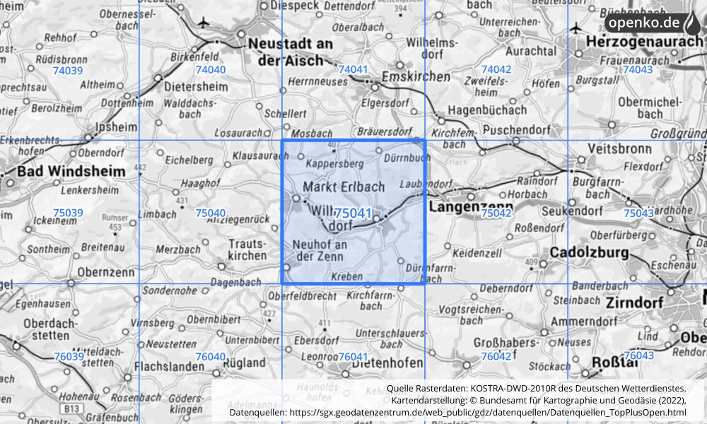 Übersichtskarte KOSTRA-DWD-2010R Rasterfeld Nr. 75041 mit angrenzenden Feldern