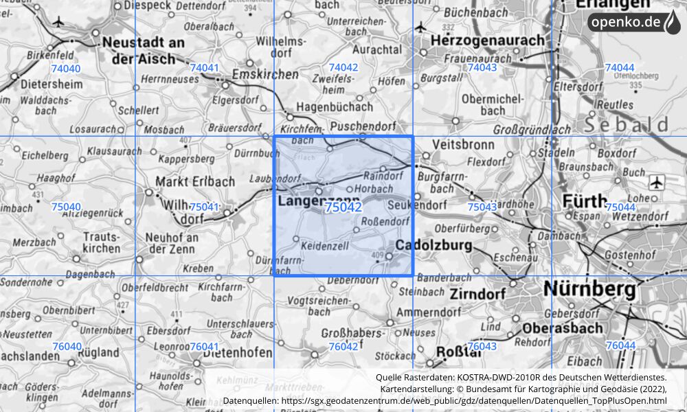 Übersichtskarte KOSTRA-DWD-2010R Rasterfeld Nr. 75042 mit angrenzenden Feldern