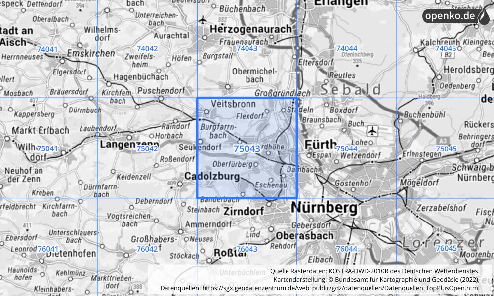 Übersichtskarte KOSTRA-DWD-2010R Rasterfeld Nr. 75043 mit angrenzenden Feldern