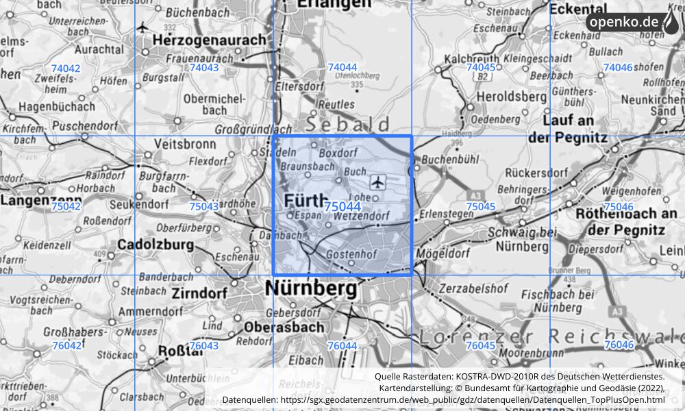 Übersichtskarte KOSTRA-DWD-2010R Rasterfeld Nr. 75044 mit angrenzenden Feldern