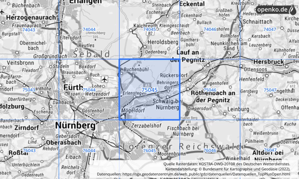 Übersichtskarte KOSTRA-DWD-2010R Rasterfeld Nr. 75045 mit angrenzenden Feldern