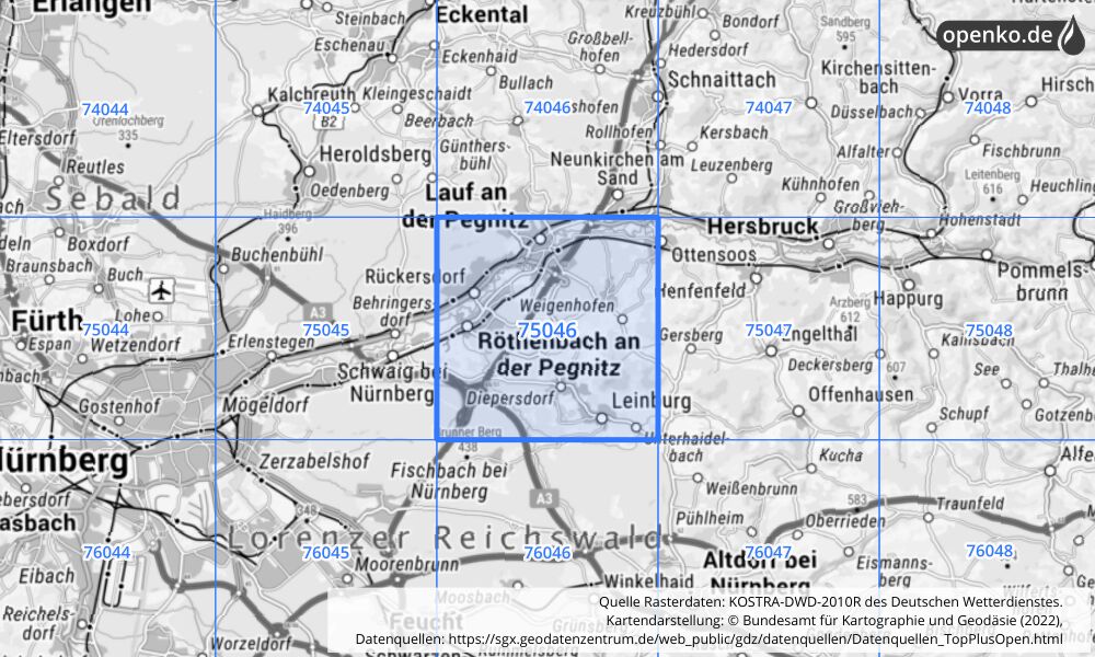 Übersichtskarte KOSTRA-DWD-2010R Rasterfeld Nr. 75046 mit angrenzenden Feldern