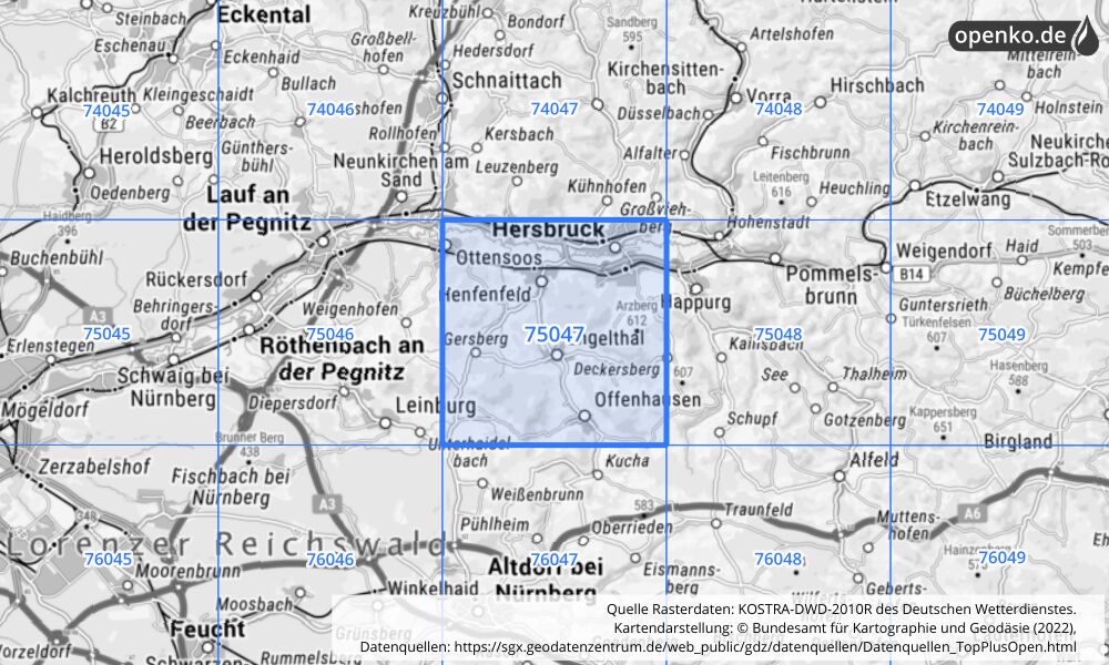 Übersichtskarte KOSTRA-DWD-2010R Rasterfeld Nr. 75047 mit angrenzenden Feldern