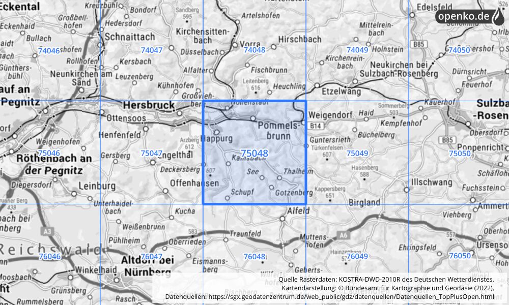 Übersichtskarte KOSTRA-DWD-2010R Rasterfeld Nr. 75048 mit angrenzenden Feldern