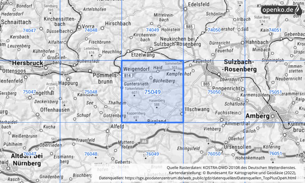 Übersichtskarte KOSTRA-DWD-2010R Rasterfeld Nr. 75049 mit angrenzenden Feldern