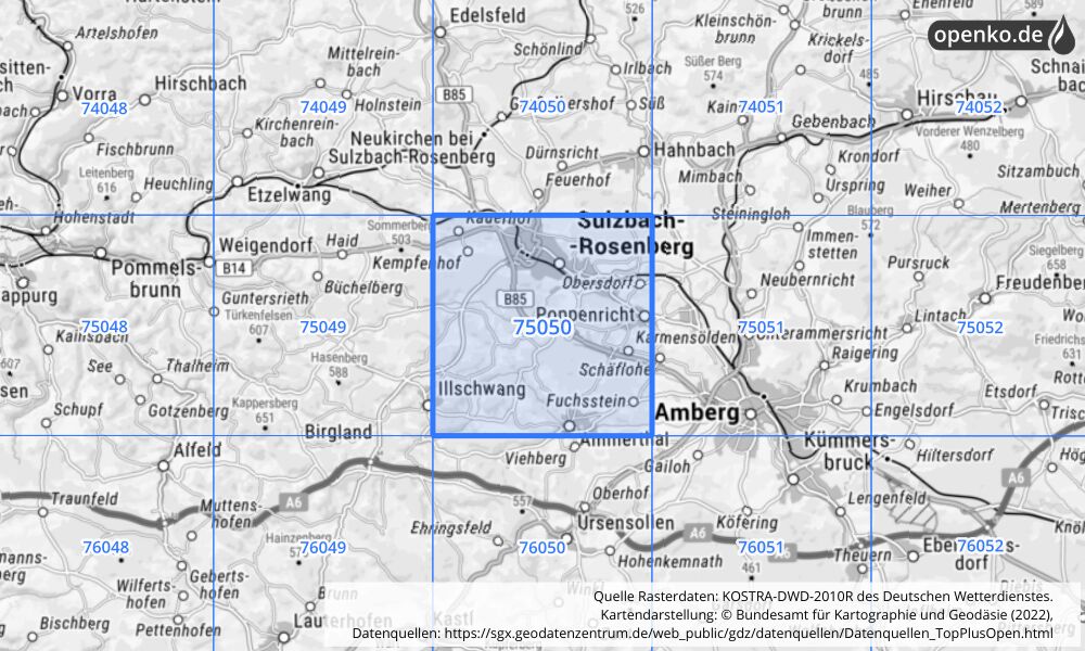 Übersichtskarte KOSTRA-DWD-2010R Rasterfeld Nr. 75050 mit angrenzenden Feldern