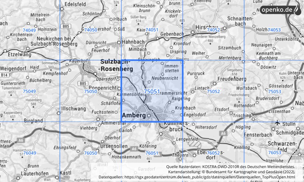 Übersichtskarte KOSTRA-DWD-2010R Rasterfeld Nr. 75051 mit angrenzenden Feldern