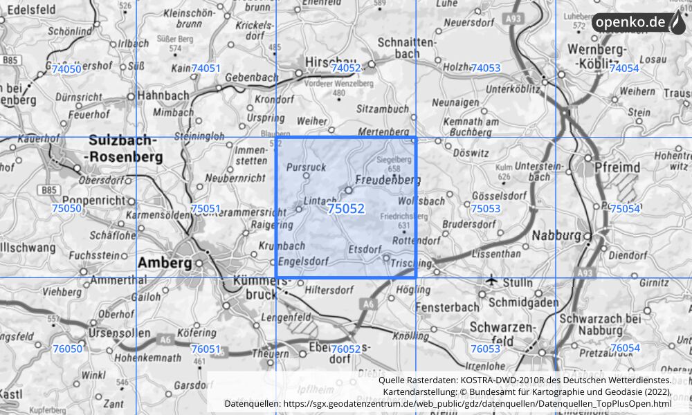 Übersichtskarte KOSTRA-DWD-2010R Rasterfeld Nr. 75052 mit angrenzenden Feldern