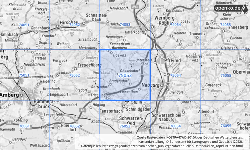 Übersichtskarte KOSTRA-DWD-2010R Rasterfeld Nr. 75053 mit angrenzenden Feldern