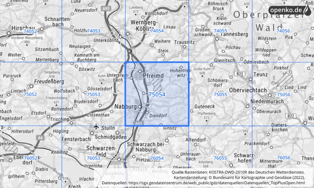 Übersichtskarte KOSTRA-DWD-2010R Rasterfeld Nr. 75054 mit angrenzenden Feldern