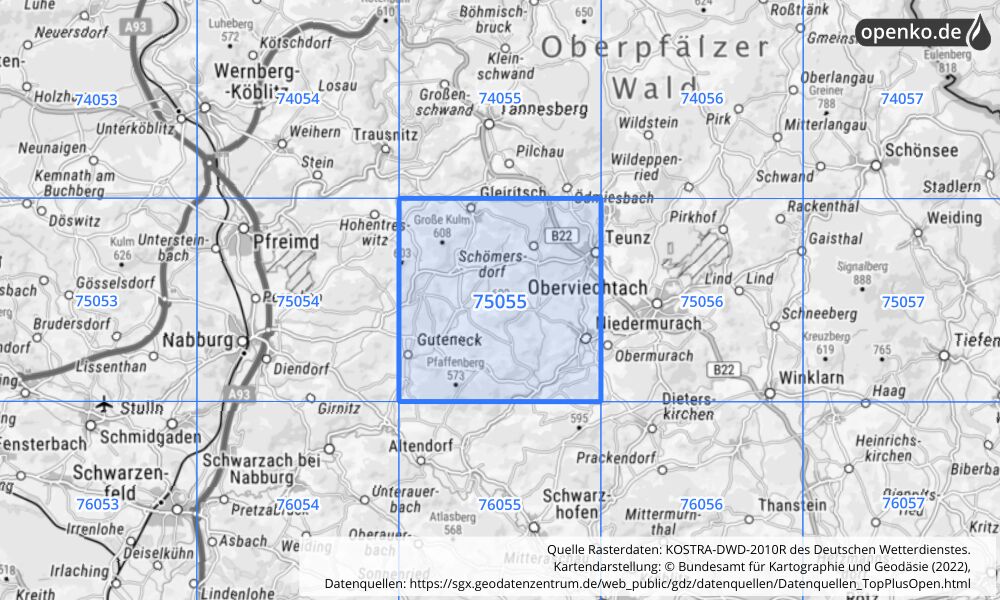 Übersichtskarte KOSTRA-DWD-2010R Rasterfeld Nr. 75055 mit angrenzenden Feldern