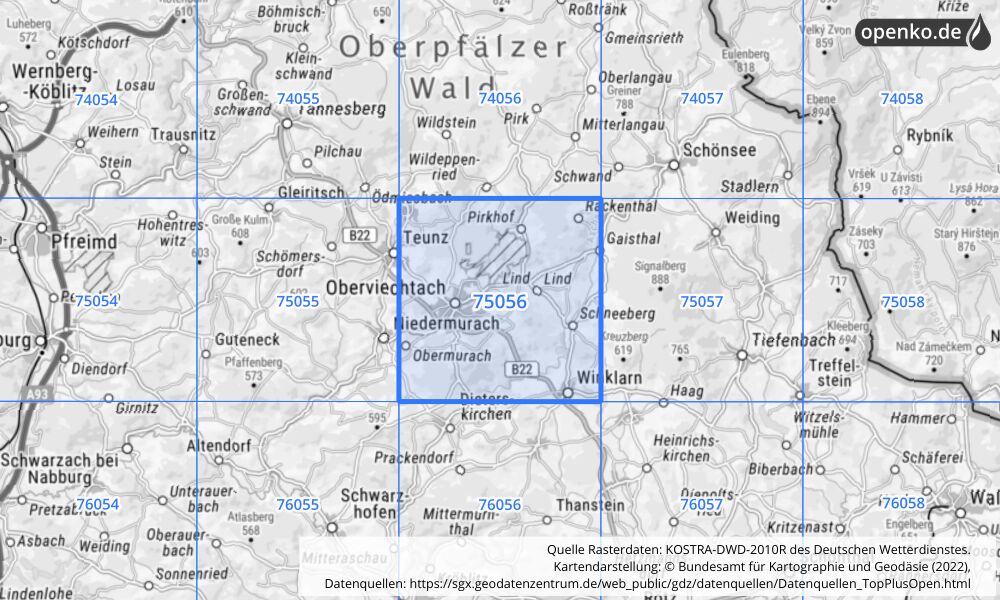 Übersichtskarte KOSTRA-DWD-2010R Rasterfeld Nr. 75056 mit angrenzenden Feldern