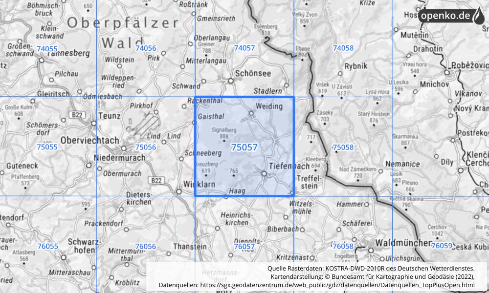 Übersichtskarte KOSTRA-DWD-2010R Rasterfeld Nr. 75057 mit angrenzenden Feldern