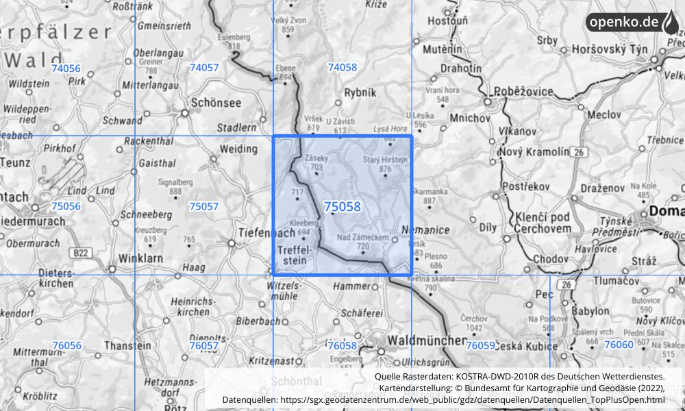 Übersichtskarte KOSTRA-DWD-2010R Rasterfeld Nr. 75058 mit angrenzenden Feldern