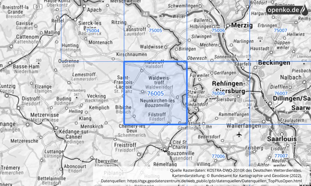 Übersichtskarte KOSTRA-DWD-2010R Rasterfeld Nr. 76005 mit angrenzenden Feldern