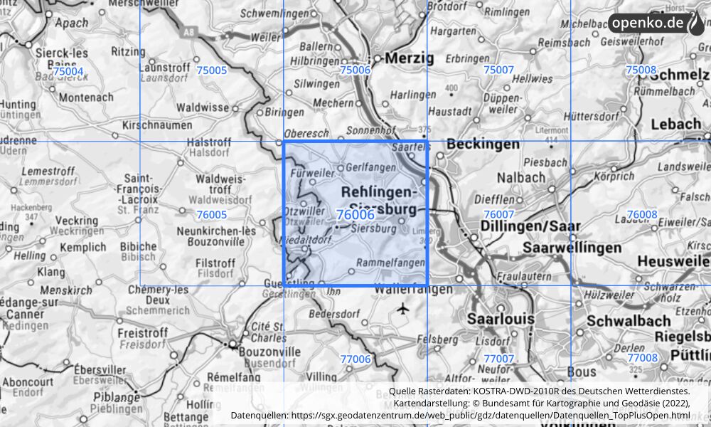 Übersichtskarte KOSTRA-DWD-2010R Rasterfeld Nr. 76006 mit angrenzenden Feldern