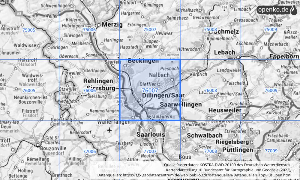 Übersichtskarte KOSTRA-DWD-2010R Rasterfeld Nr. 76007 mit angrenzenden Feldern