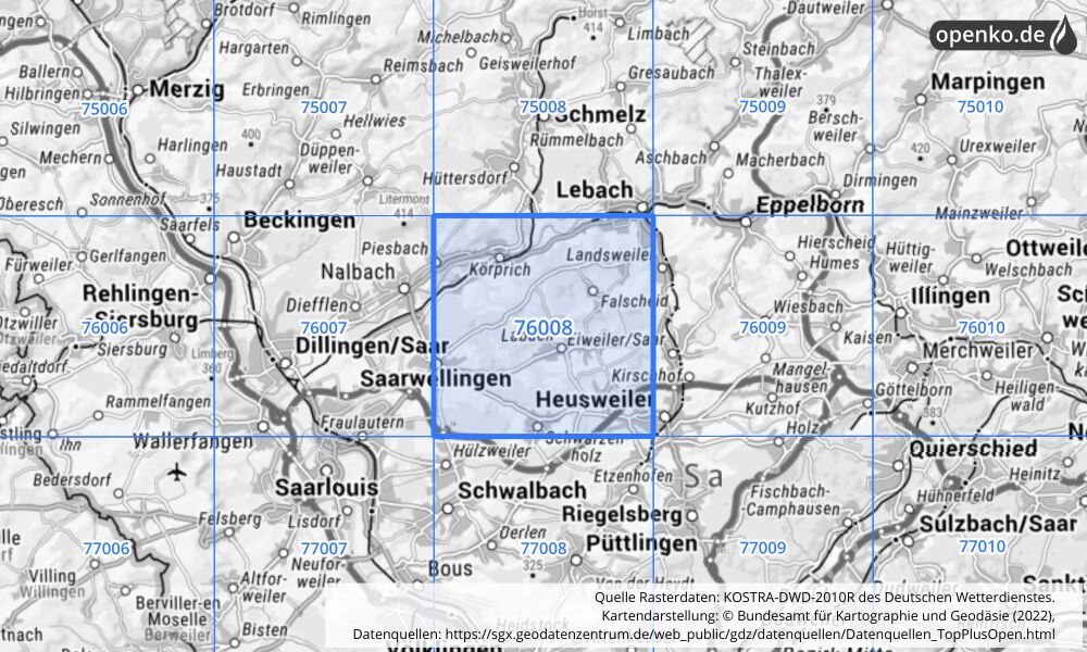 Übersichtskarte KOSTRA-DWD-2010R Rasterfeld Nr. 76008 mit angrenzenden Feldern