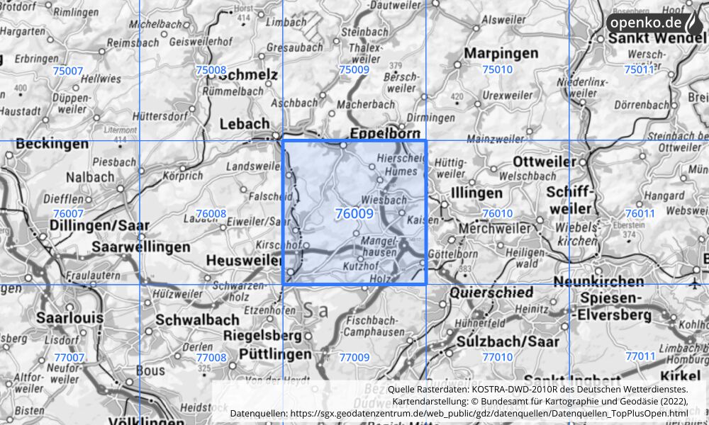 Übersichtskarte KOSTRA-DWD-2010R Rasterfeld Nr. 76009 mit angrenzenden Feldern