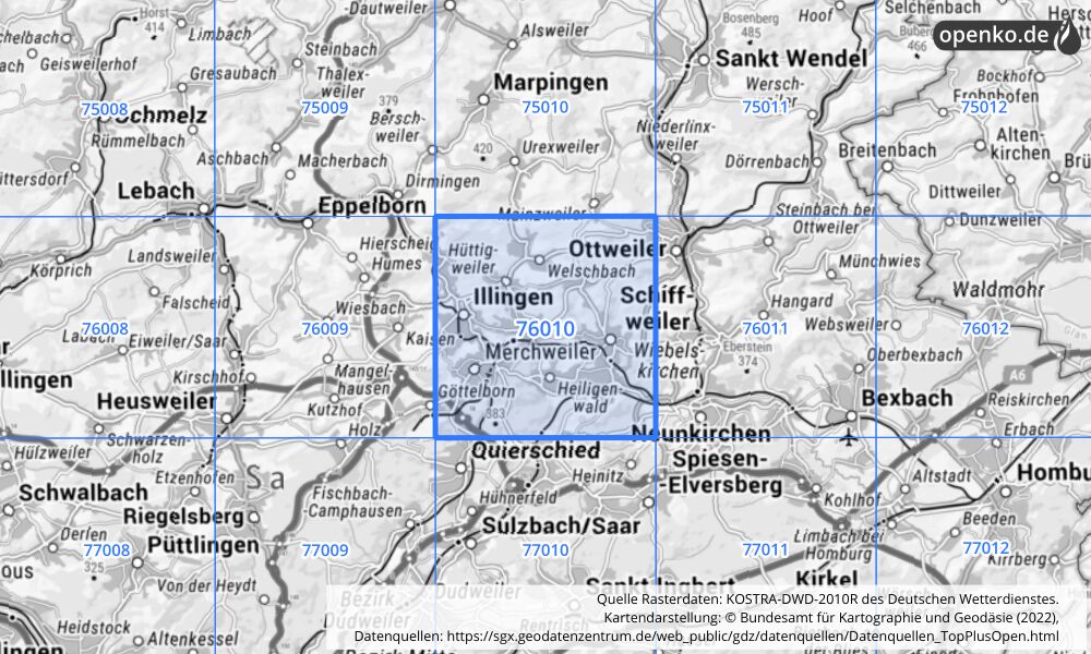 Übersichtskarte KOSTRA-DWD-2010R Rasterfeld Nr. 76010 mit angrenzenden Feldern